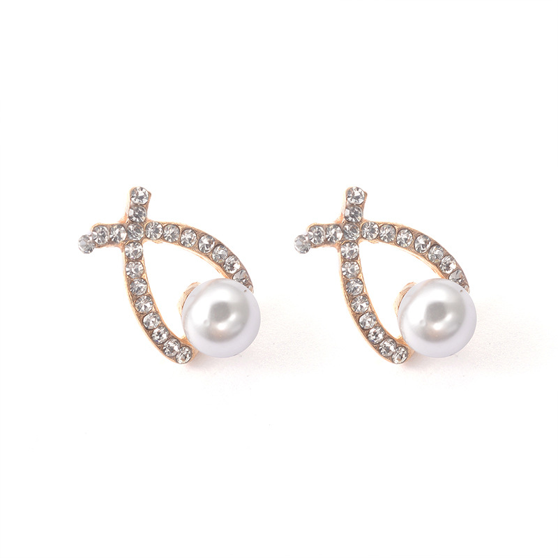 Korean cross-pearl sparkling diamond stud earrings, exquisite and fashionable mixed batch, 2-yuan store, pearl jewelry manufacturer wholesale Item Picture