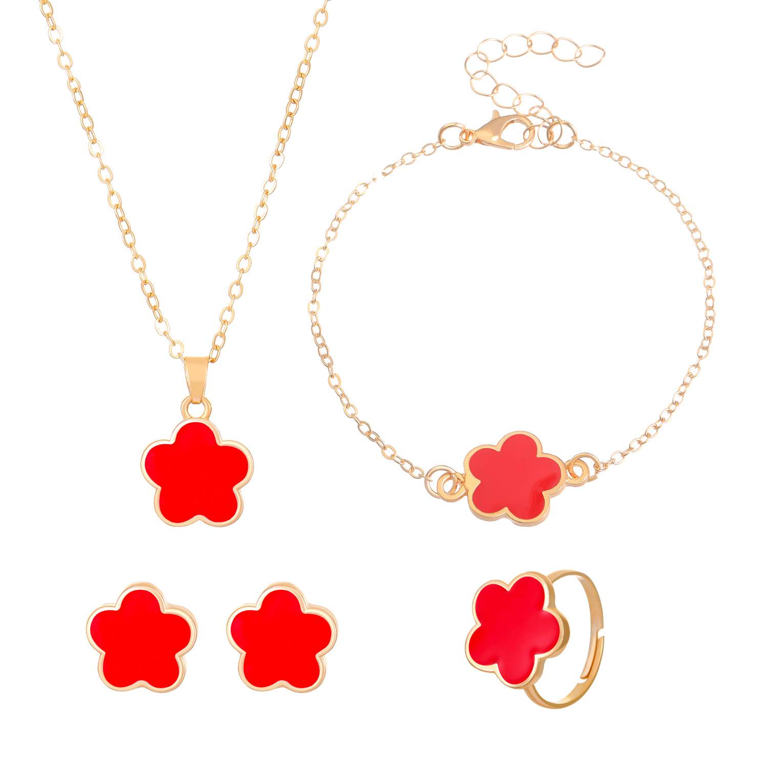 European and American lucky five-leaf flower stud ring, bracelet, necklace, jewelry set, women's fashion four-piece set, five-petal grass accessories Item Picture