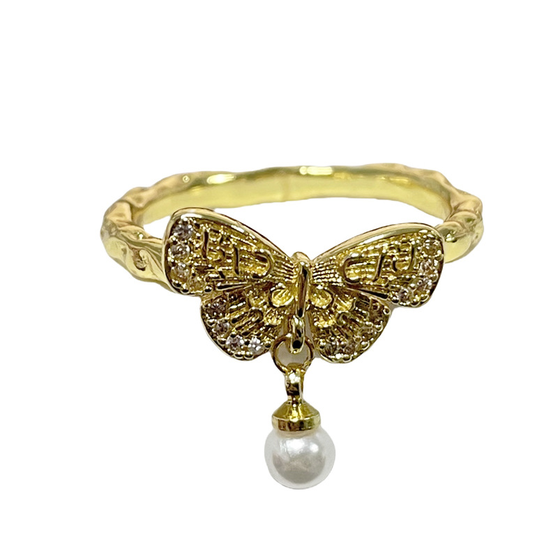 Retro three-dimensional pattern butterfly opening ring pendant, pearl sweet, cool, niche design sense, new Chinese style personality ring Item Picture