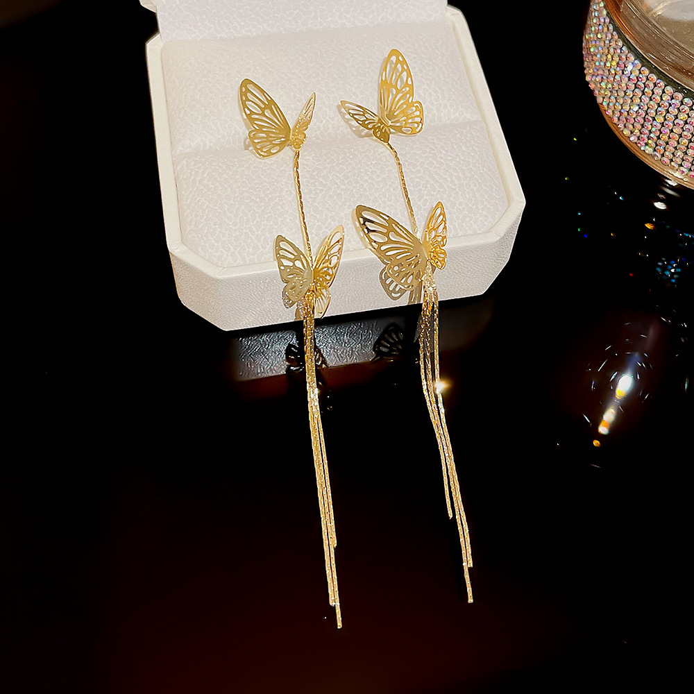 925 Silver Needle Super Fairy Butterfly tassel Earrings, new style, unique and versatile stud earrings, fashionable and high-end earrings for women details Picture