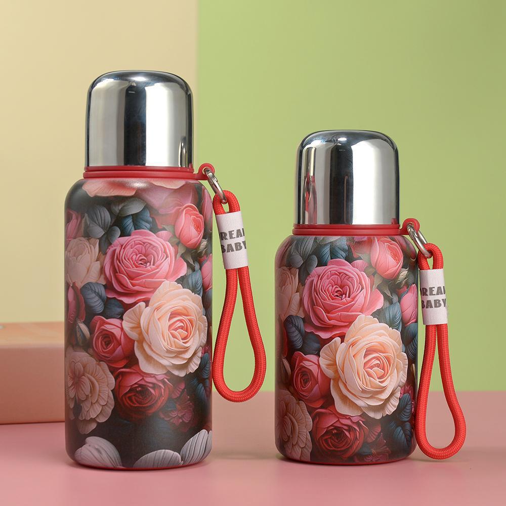 The new rose and peony Chinese-style retro insulated cup with a tea tray and a hand-held water bottle has a large capacity and can be carried with a string Specification drawing