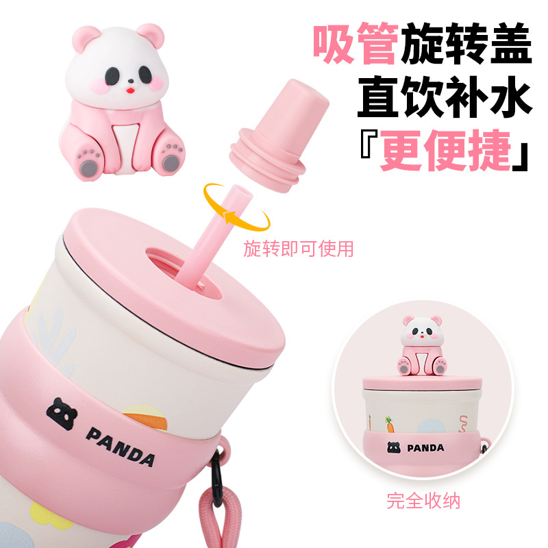 Creative water cup, straw, insulated cup, high appearance level, large capacity, Panda travel cup, 304 stainless steel portable cartoon Specification drawing