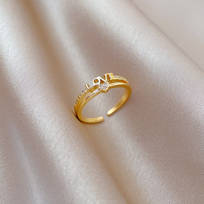 【 Real Gold 】 LOVE Zircon ring with Adjustable opening, simple Japanese-style bracelet, couple rings full figure