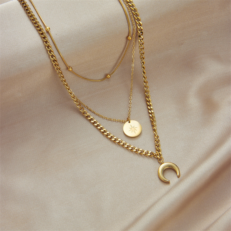 European and American cross-border fashion, high-end style, versatile multi-layer raised bar metal round plate moon pendant collarbone necklace details Picture