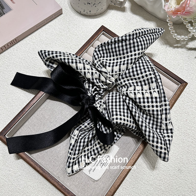 Large bow, checkered square scarf, hair tie, large intestine circle, Korean-style square low ponytail hair tie, hair tie, hair band Application Scenario