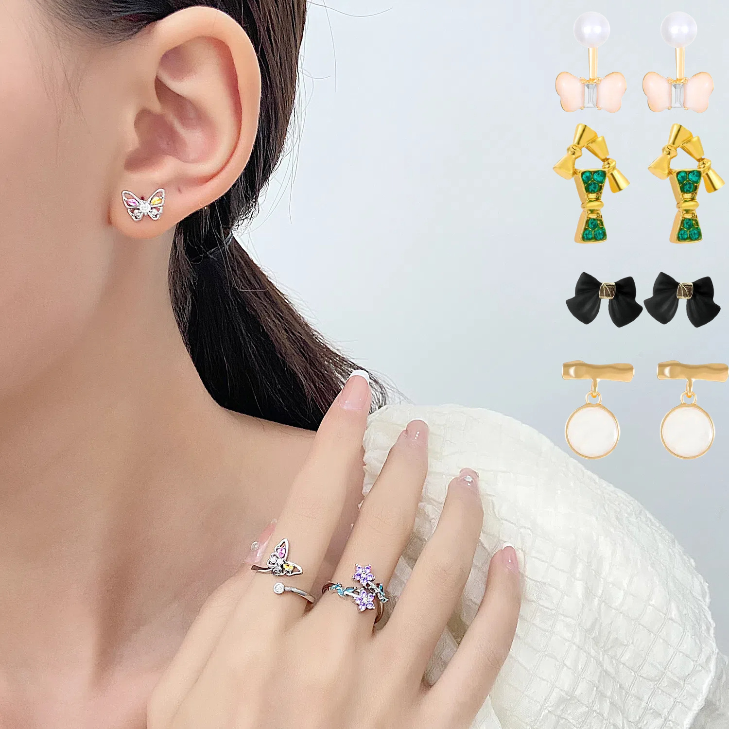 French light luxury matte geometric earrings, women's ins style, European and American oil-dripping round stud earrings, cross-border bow earrings details Picture