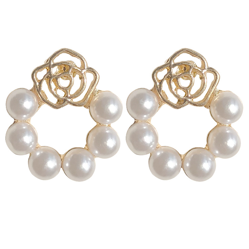 Pearl rose stud earrings, sweet, simple and elegant, new Spring 2024 trendy earrings, camellia earrings for women Item Picture