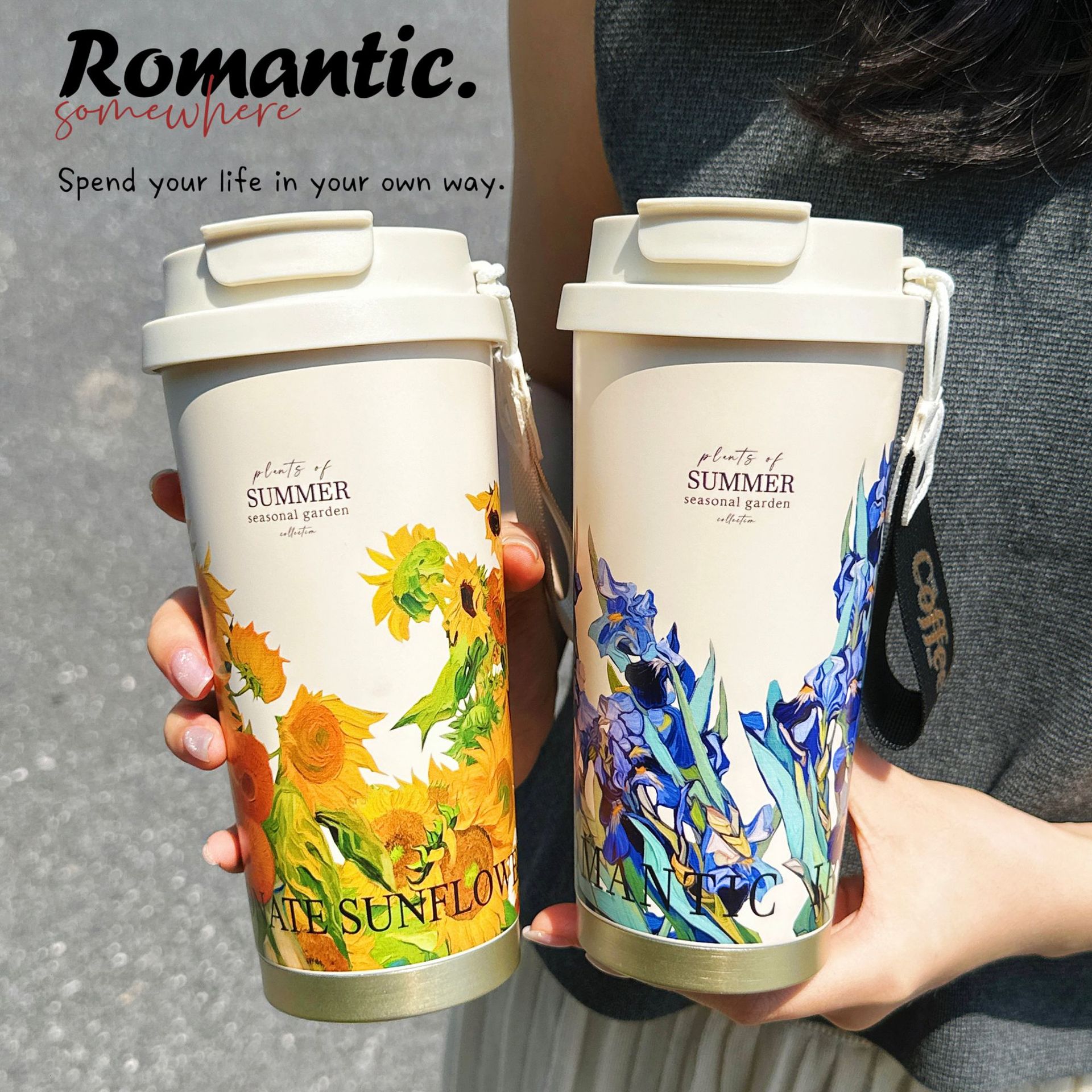 Sunflower double-drink coffee cup for girls, high appearance level, straw water cup, portable office, 316 stainless steel cup gift full figure