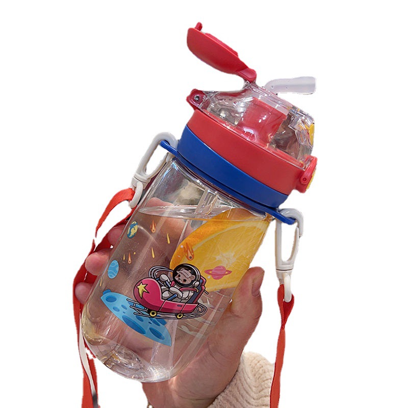 Children's water cup, special straw cup for girls and boys to go to school, cute cartoon portable double drinking water pot for primary school students, plastic Item Picture