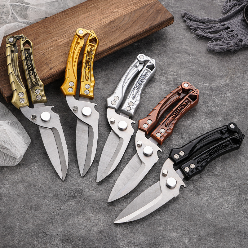 Stainless steel camping multi-functional scissors, powerful bone cutting, fish scale scraping, automatic rebound, detachable scissors, outdoor knives full figure