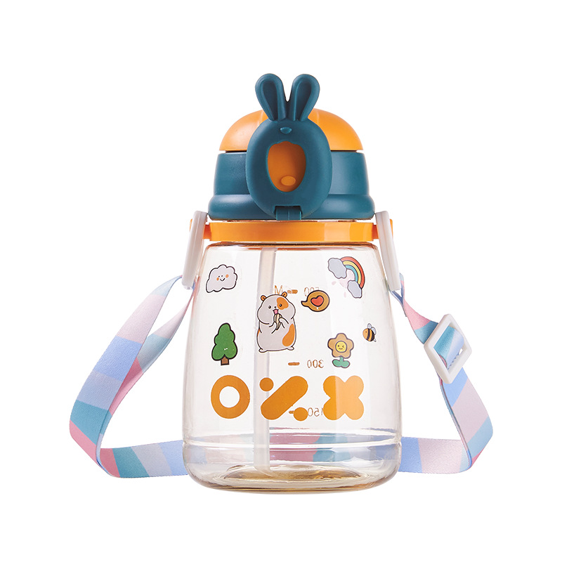 Cute water cup with straw, large-capacity portable outdoor plastic cup, student space cup, cartoon pattern slanted cross cup Item Picture
