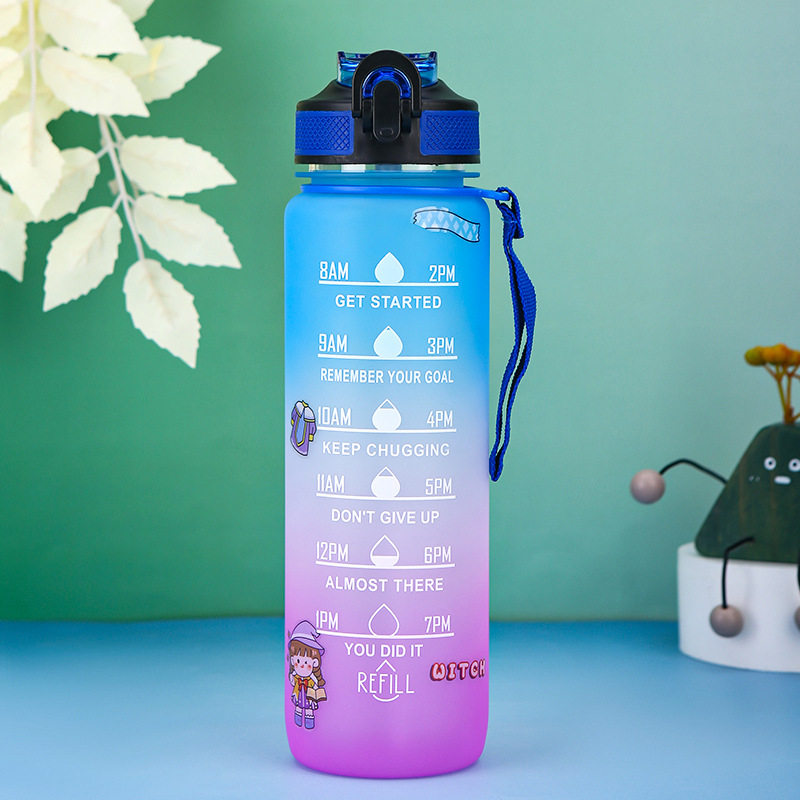 Wholesale of cross-border sports water bottles, plastic cups with scales, large-capacity bouncing LIDS, straw cups, PC gradient color space cups Specification drawing
