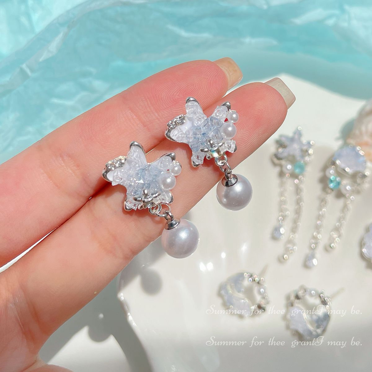 Fresh and delicate ocean crystal earrings, women's silver needle, niche design, exquisite and versatile, shell and starfish high-end earrings Specification drawing