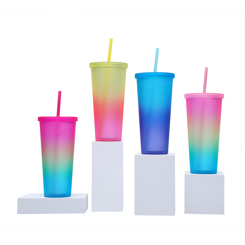 Factory direct supply rainbow-colored double-layer plastic straw cups, cross-border frosted portable cups, large-capacity outdoor sports water cups full figure