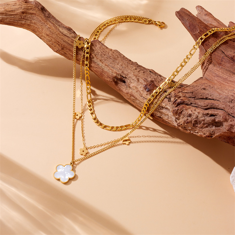Korean-style fashionable and versatile retro gold-plated flower stainless steel pendant chain multi-layer layered jewelry necklace Specification drawing