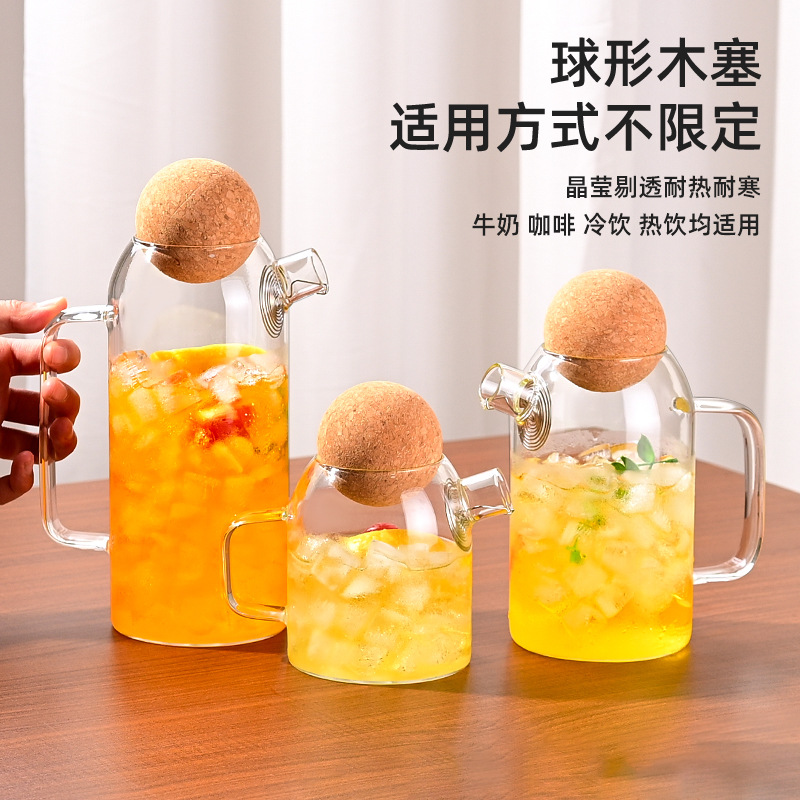 Wholesale of new teapots, storage jars, high borosilicate glass transparent sealed jars, spherical wooden stoppers, cold and heat resistant beverage POTS Application Scenario