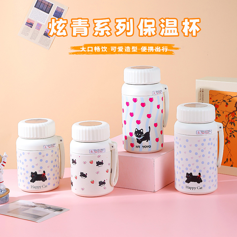 ins high-appeartion-level kitten insulated cup, stainless steel straw cup, niche and cute office coffee cup for casual use full figure