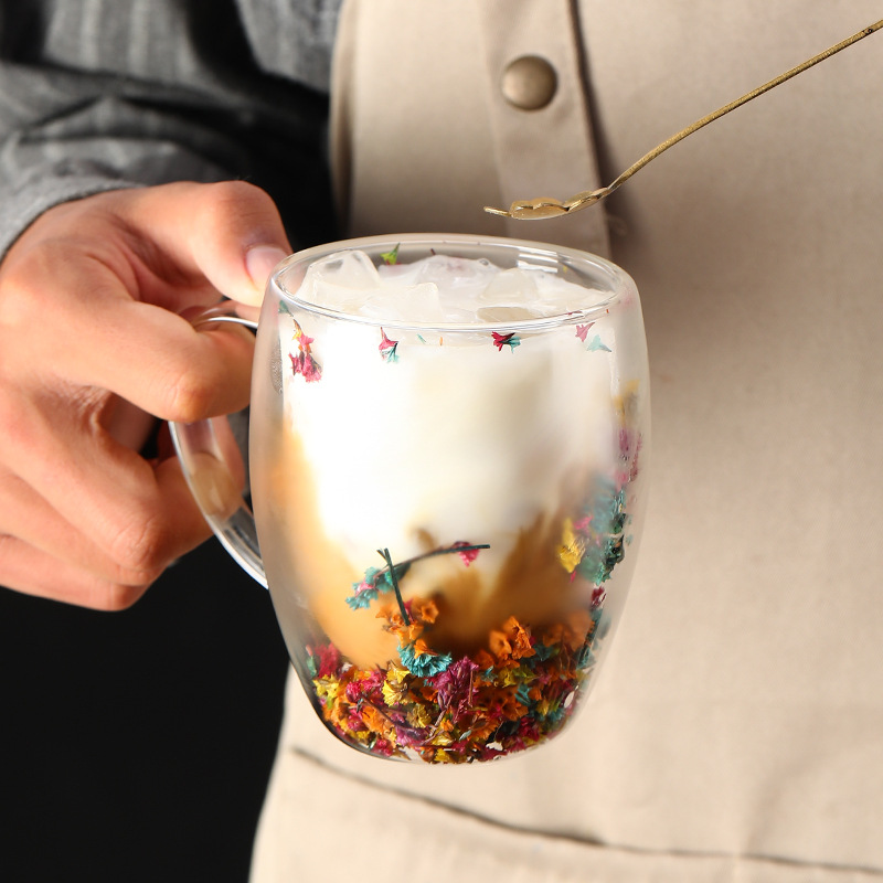 High-appearance-level genuine flower double-layer heat-insulating glass cup, high borosilicate creative home coffee cup with handle cup as a souvenir Specification drawing