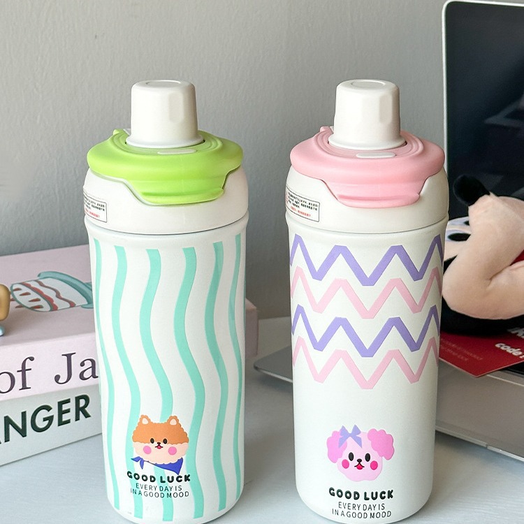 New 316 stainless steel insulated cup, dopamine cute girls' flower tea cup, outdoor portable lifting rope, double drinking straw full figure