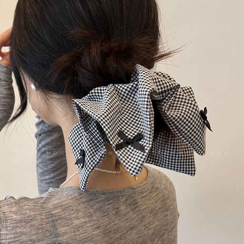 2024 New ballet-style bow tie for women, a niche design with a checkered square scarf bun hair accessory full figure