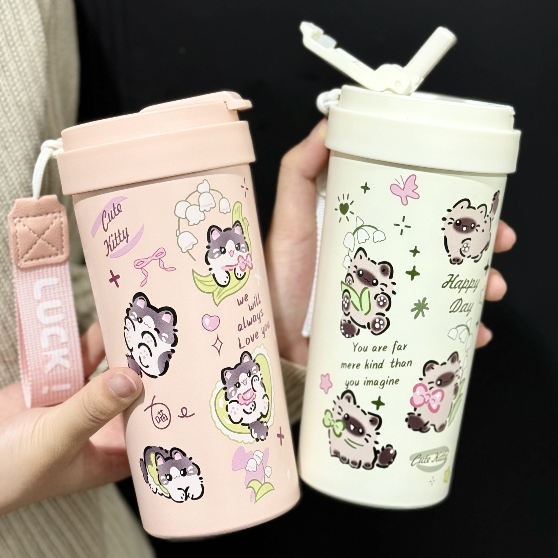 New cute insulated cup, 316 stainless steel coffee cup, portable double-drinking cup, men's and women's straw travel cup full figure