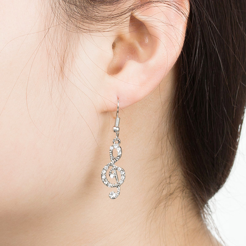 Japanese and Korean popular diamond-encrusted musical note asymmetrical earrings, student girl shining personality music symbol accessories details Picture
