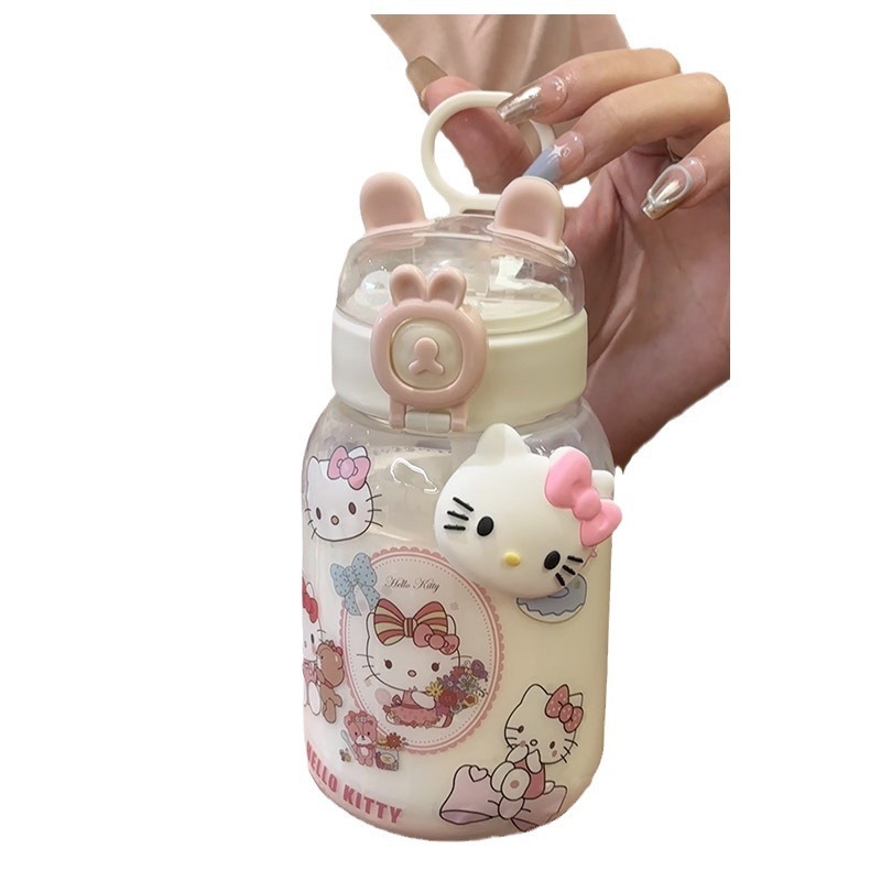 This is a new type of portable plastic cup with a cute three-dimensional sticker and a cartoon character for young girls, featuring a straw and rabbit ears Item Picture