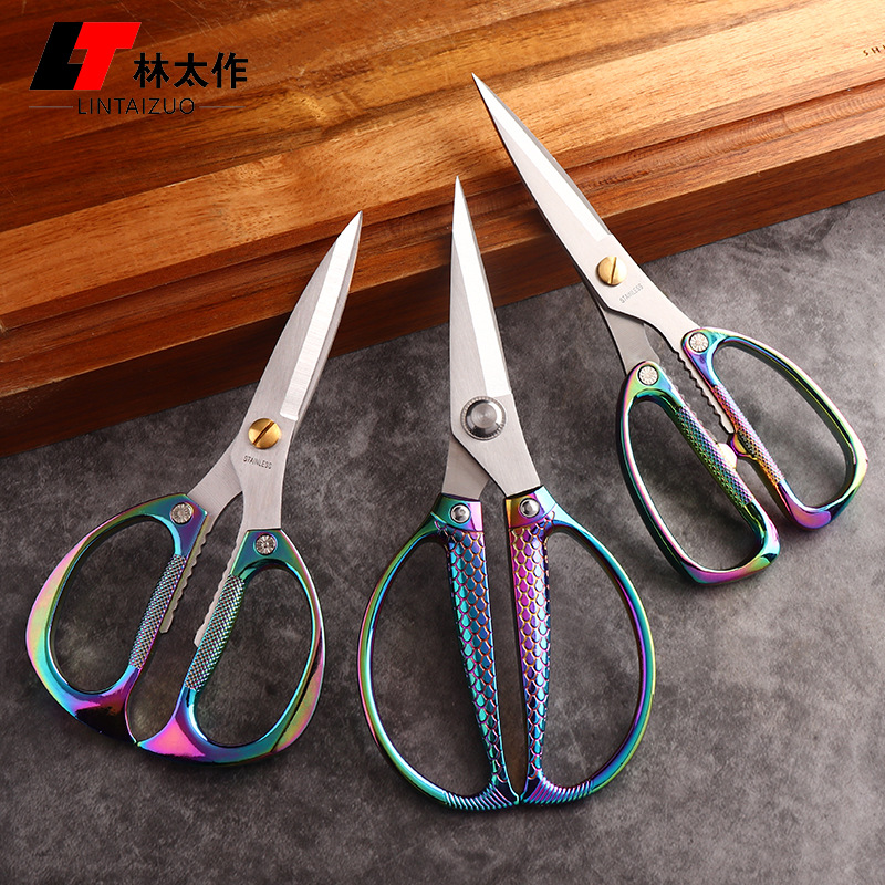 Lin Taizuo stainless steel K82K26 scissors, multi-functional strong alloy scissors, color-plated titanium handle, running around scissors details Picture