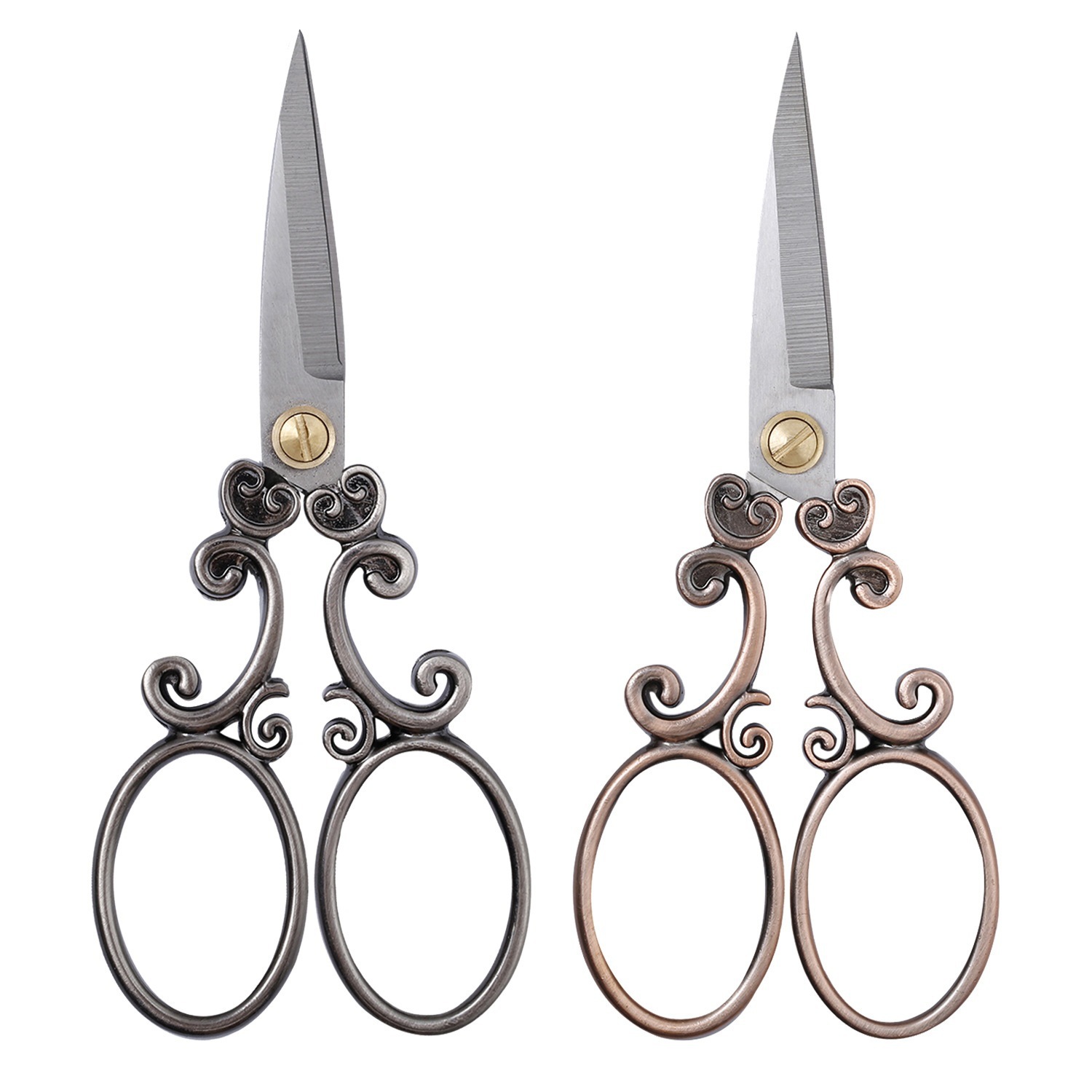 Retro scissors with European classical cut-edge patterns are available in two colors: bronze, silver and grey full figure
