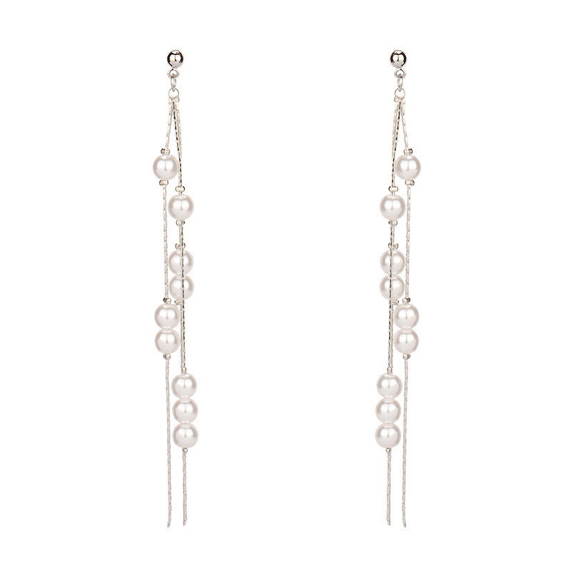 925 Silver needle chain pearl tassel earrings, a long and unique European and American style earring for women, a fashionable and elegant earpiece that has become a social media sensation Item Picture