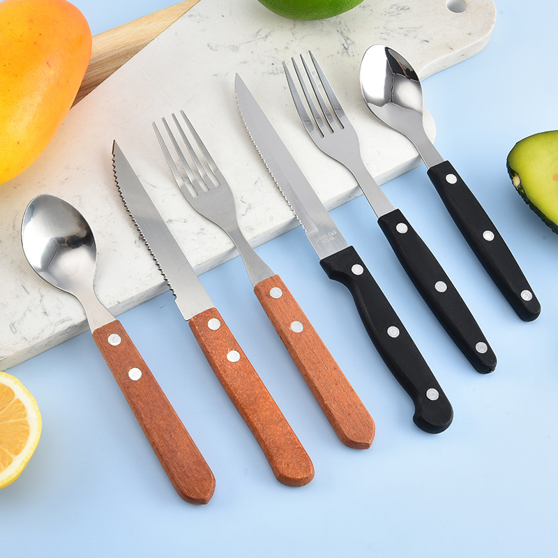 Stainless steel, rosewood handle, plastic handle steak knife and fork set, Western knife, fork and spoon gift box three-piece set details Picture