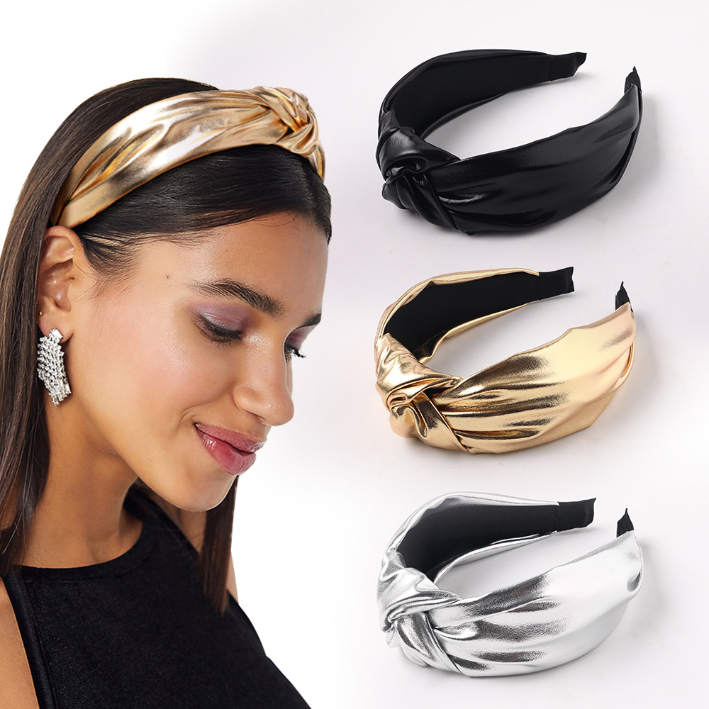 Qiyue's new bright-colored PU fabric middle knot headband, European and American solid color facial hair clip knot headband E2 full figure