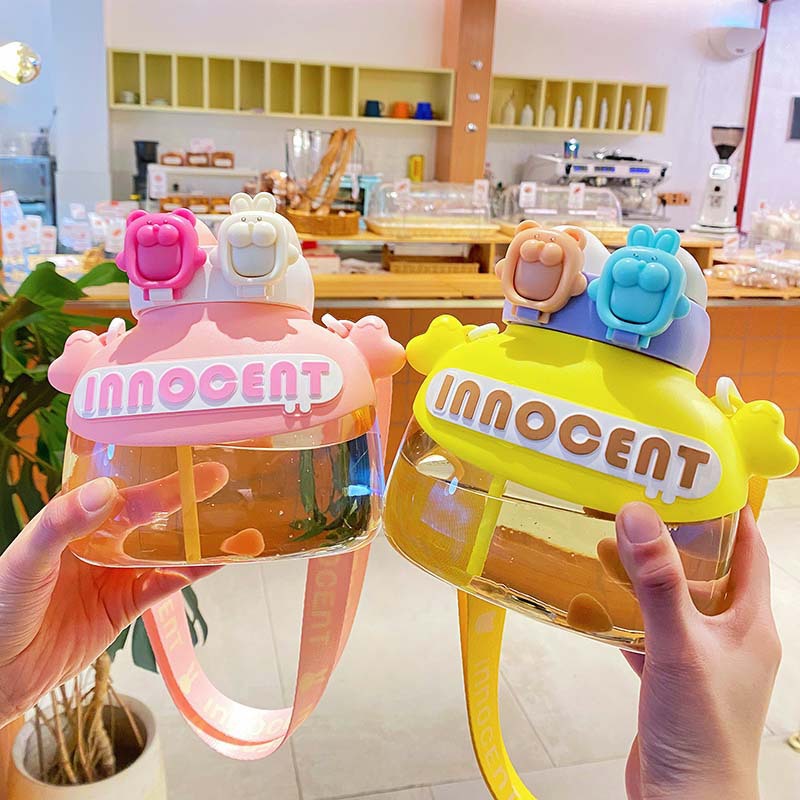 Wholesale of high-capacity portable children's straw cups with cartoon and cute plastic water cups, featuring dual drinking spout for summer details Picture