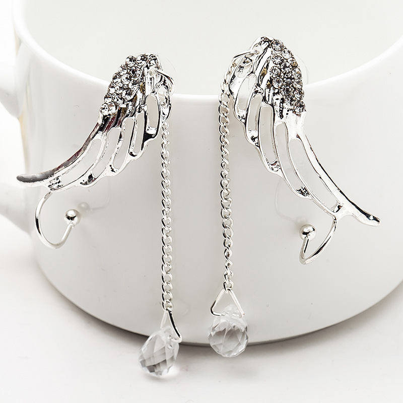 European and American ins style angel wing ear clips, no ear holes, unique and elegant, long teardrop ear bone clips, cross-border earrings full figure