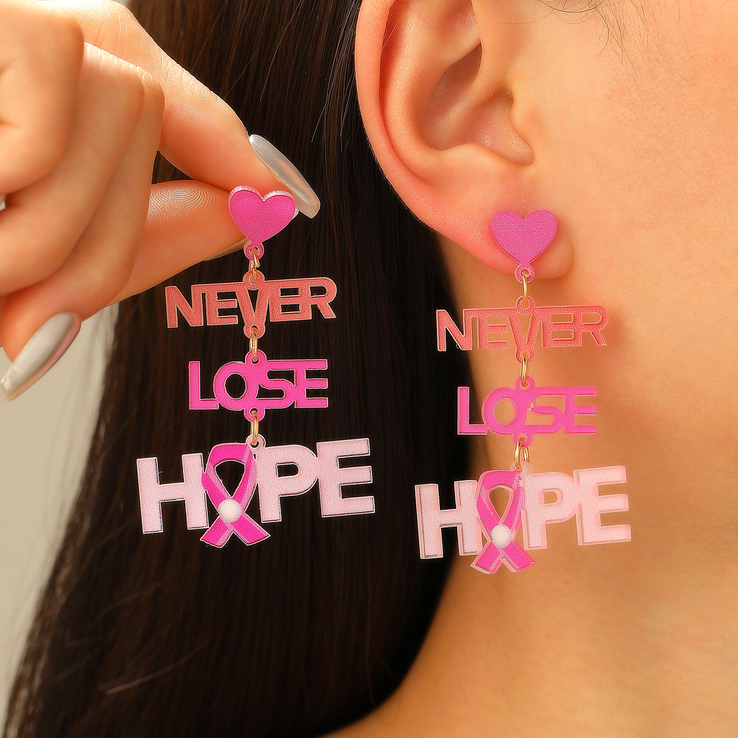 European and American cross-border acrylic English letter heart pink ribbon long stud earrings earrings, breast care earrings for women full figure