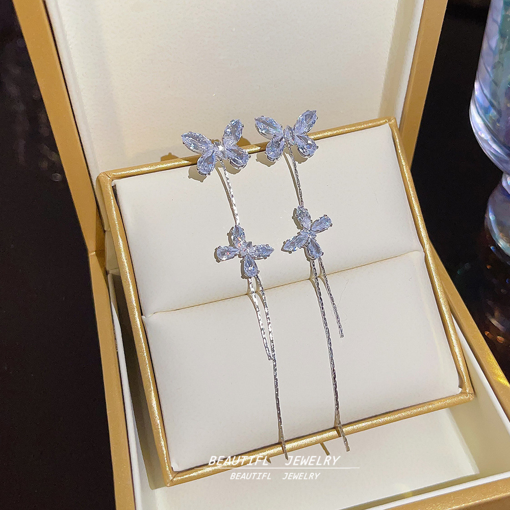 Super Sparkling long Zircon butterfly tassel earrings with a light luxury and high-end feel, niche stud earrings, women's fashionable and elegant earrings wholesale Specification drawing
