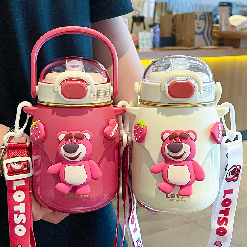 Strawberry Bear Insulated Cup, Cartoon doll, Straw Cup, Student Convenient drinking Cup, Large capacity, high appearance level, small belly cup full figure