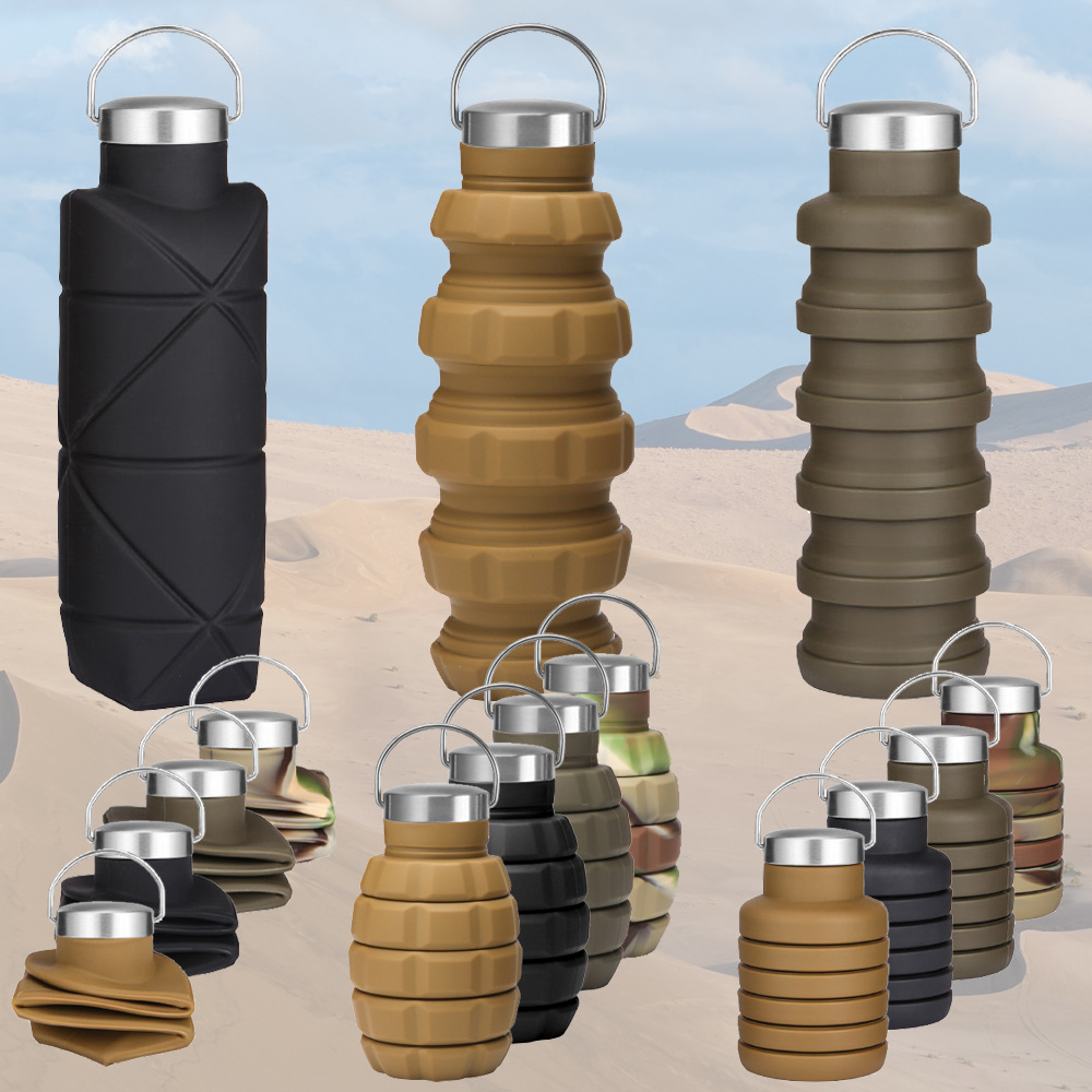 Cross-border creative silicone folding water bottle, food-grade outdoor camouflage water cup, extendable with handle sports water bottle full figure