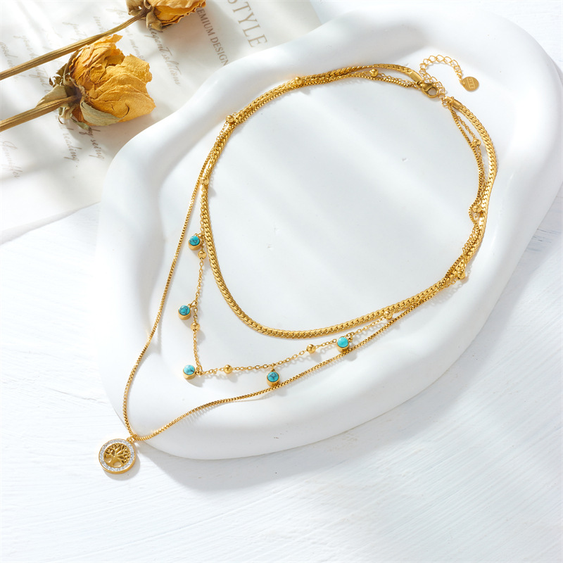 Fashionable and elegant, simple design sense, multi-layer overlapping collarbone chain, life tree, turquoise pendant, titanium steel necklace Specification drawing