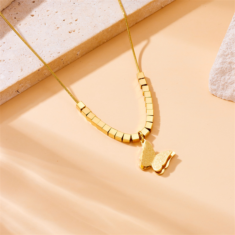 Cross-border fashionable, simple and versatile gold-plated stainless steel square beaded butterfly pendant chain jewelry necklace details Picture