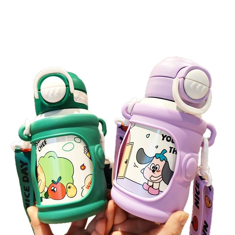 New creative 316 stainless steel double-drinking insulated cup for students, high appearance level, cartoon lanyard, portable shoulder strap, straw cup Item Picture