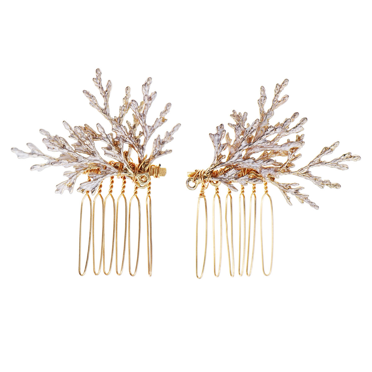 New European and American bride hair comb handcrafted headwear, golden pine branch insert comb, beautiful and versatile Christmas hair accessory, alloy hair comb Item Picture