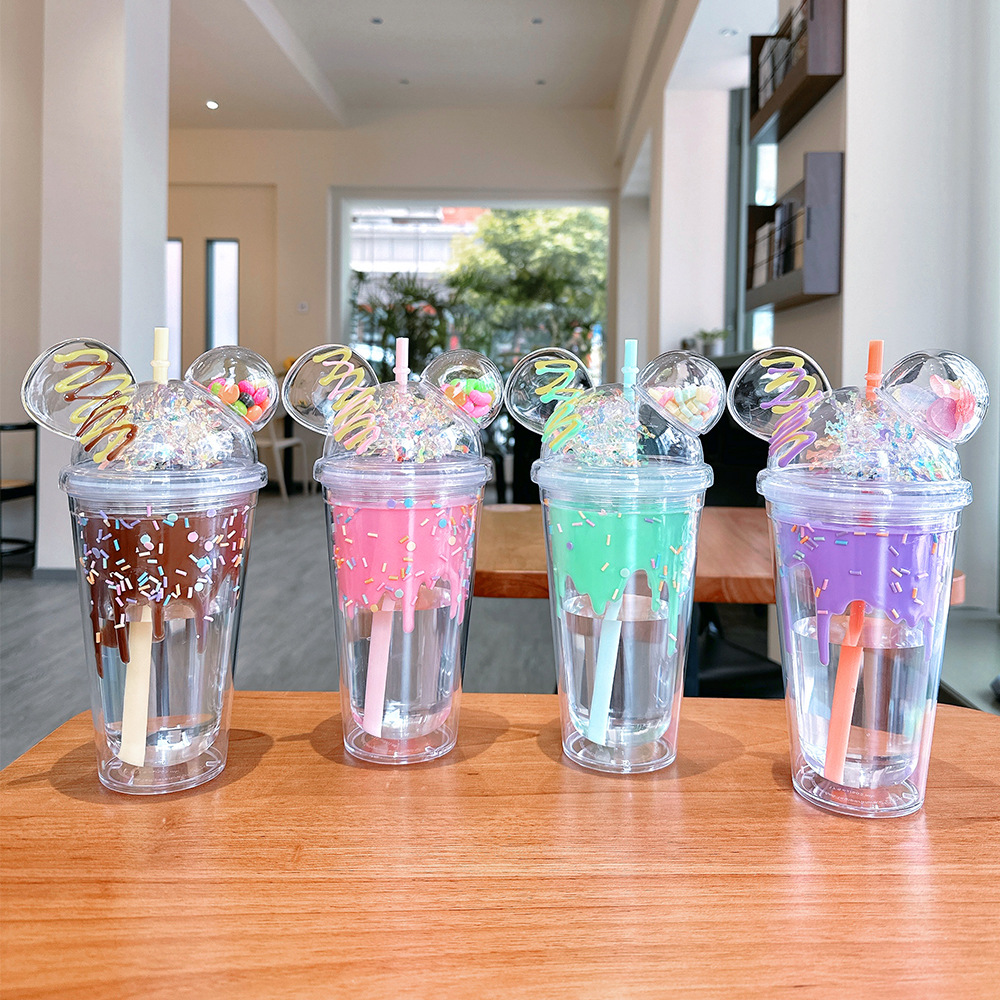 New summer straw cup, high appearance level, girls' office water cup, creative ice cream transparent double-layer plastic cup details Picture