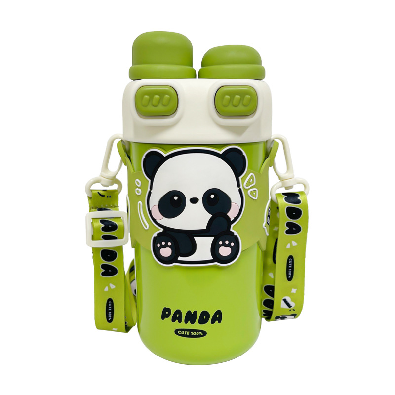Cartoon children's insulated cup, panda double drinking cup, cute portable straw cup, double lid direct drinking cup, large capacity cup Item Picture