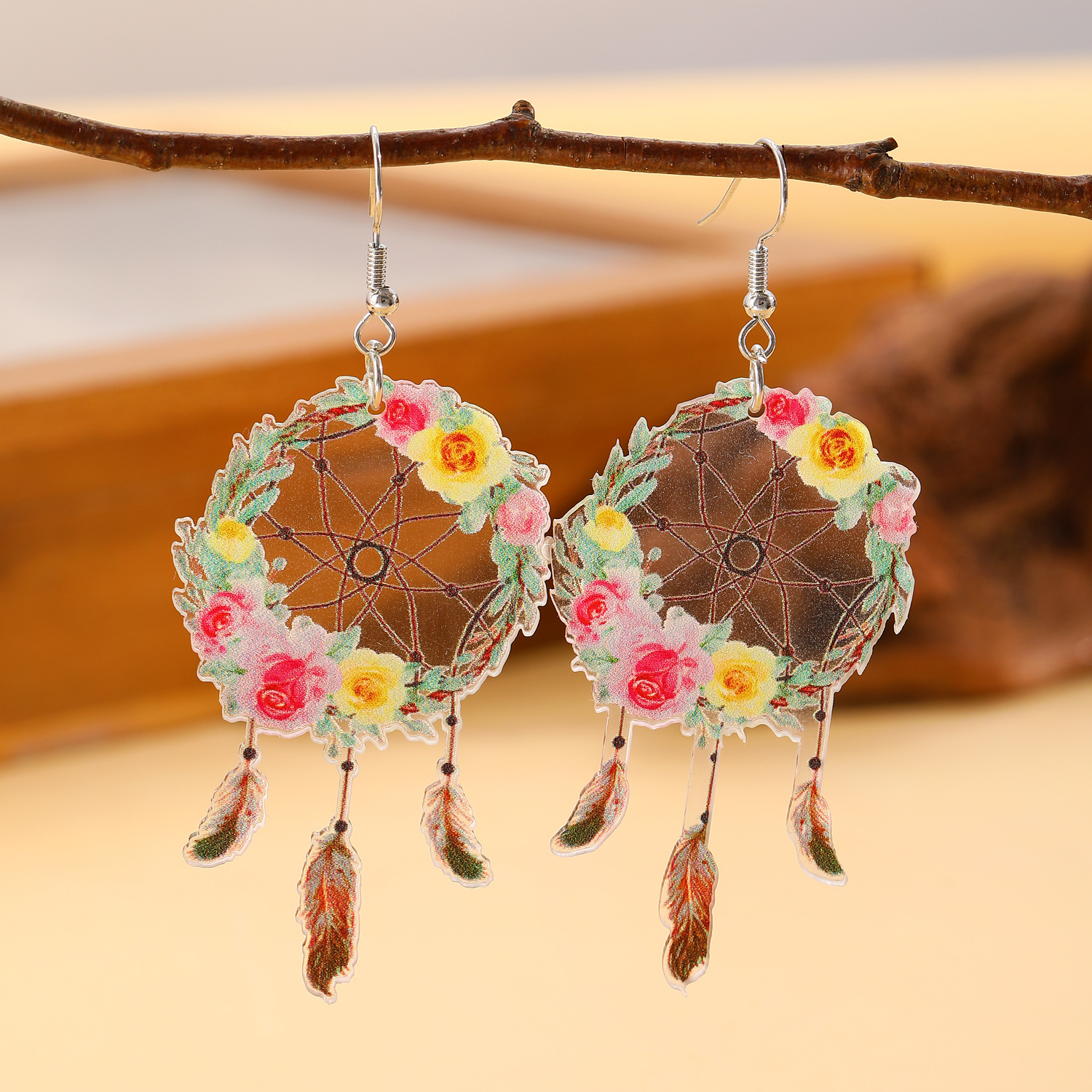 European and American Bohemian ethnic style sunflower flower earrings, feather dreamcatcher earrings, acrylic earrings for women full figure