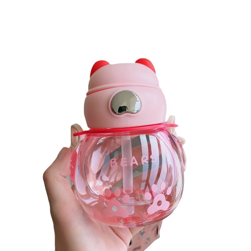 Children's water cup, straw cup, plastic, small and cute, portable for primary school students in summer, men's and women's water bottle, can be carried diagonally, small belly cup Item Picture
