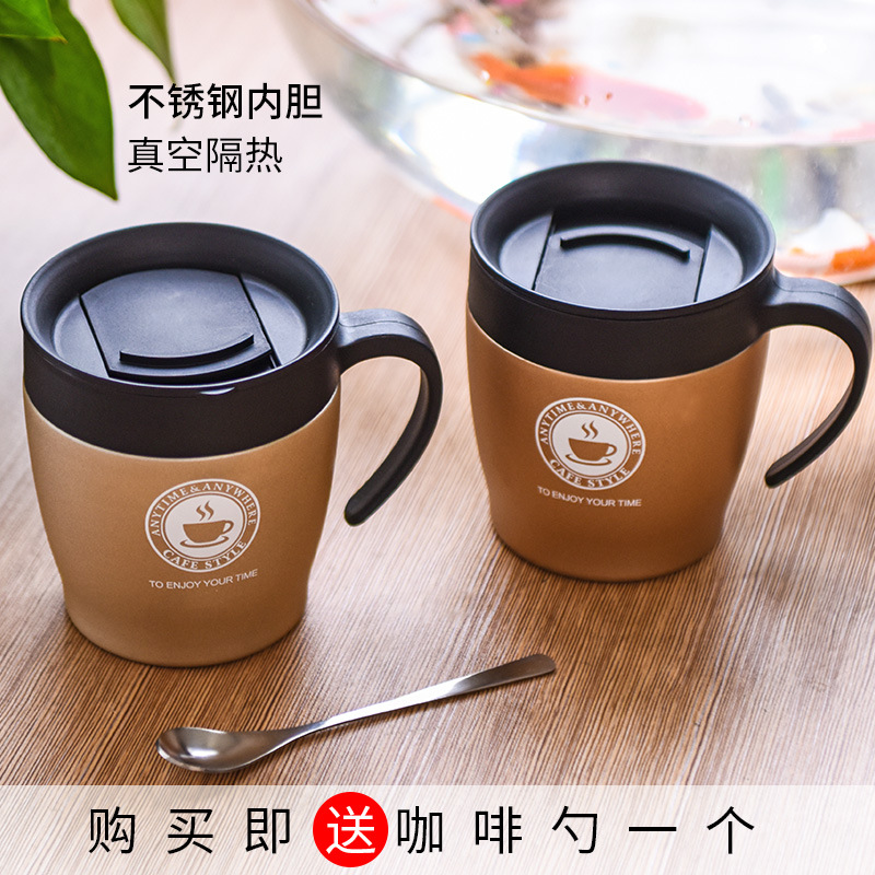 Coffee cup with spoon set handle, stainless steel insulated cup with lid, advertising gift cup, large-capacity tea cup full figure