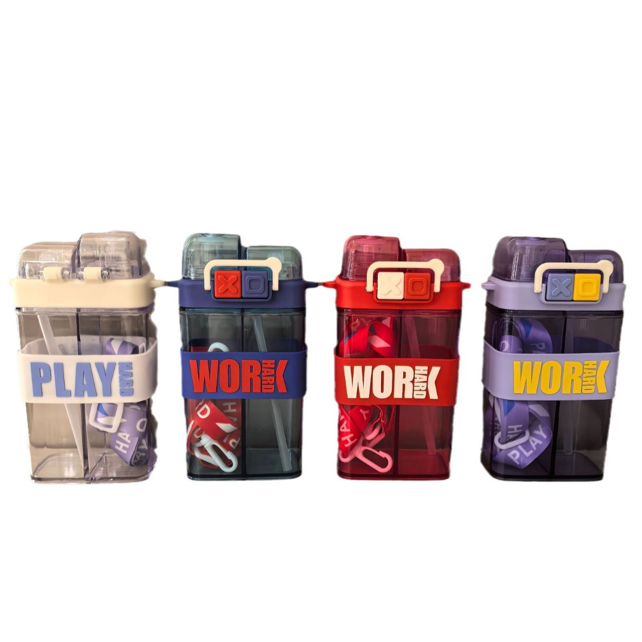 The new lettered leather strap is suitable for children to carry outdoors. It features a plastic double-drinking cup with separate compartments and a straw for direct drinking details Picture