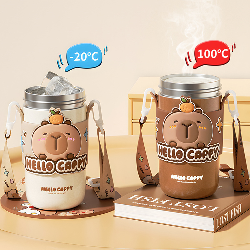 Cute and good-looking Kapibala cup, double-drinking, double-lid student thermos cup, adjustable cup string, portable water cup Specification drawing
