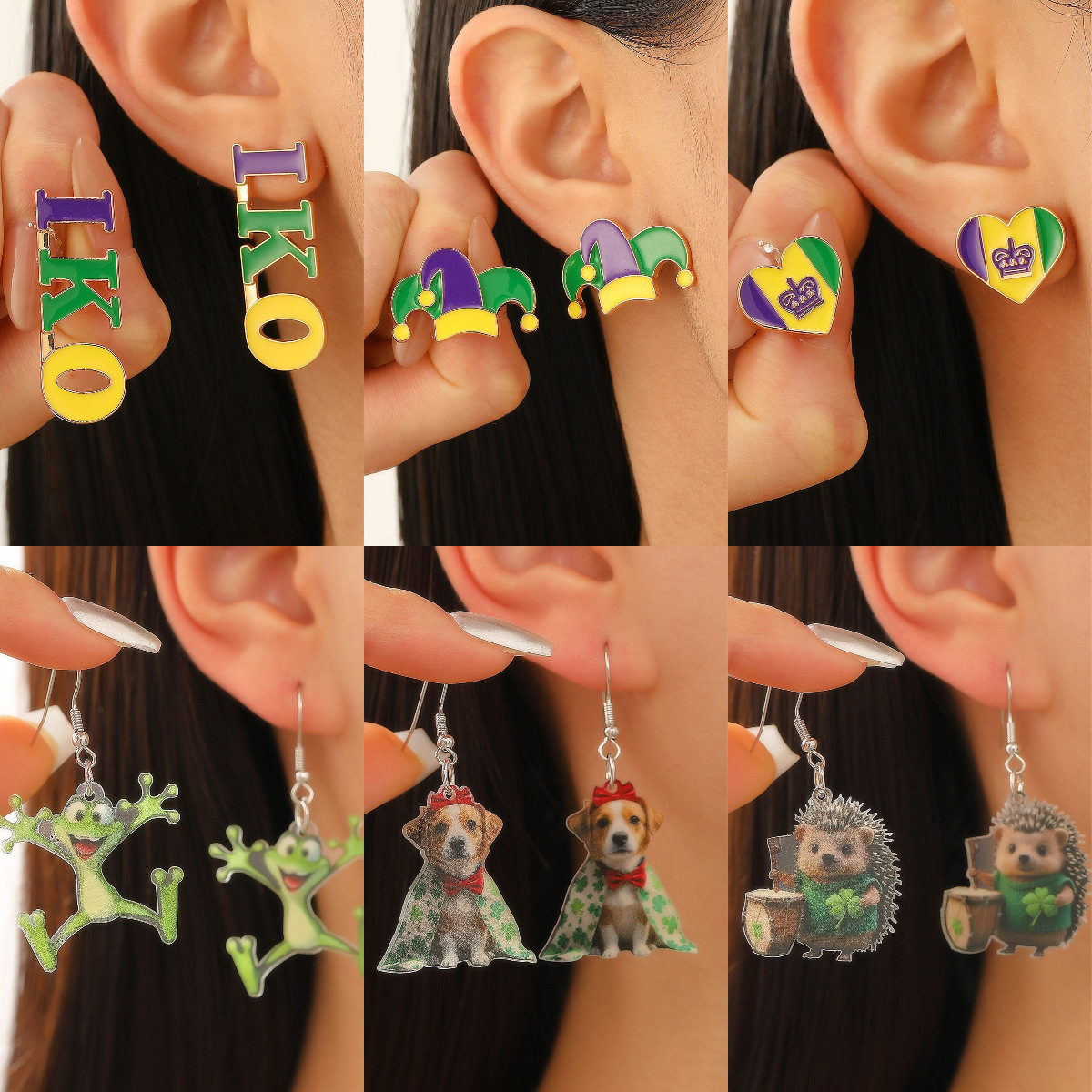 Cute cartoon acrylic Saint Patrick earrings from Europe and America, frog, hummingbird, puppy and hedgehog festival earrings full figure